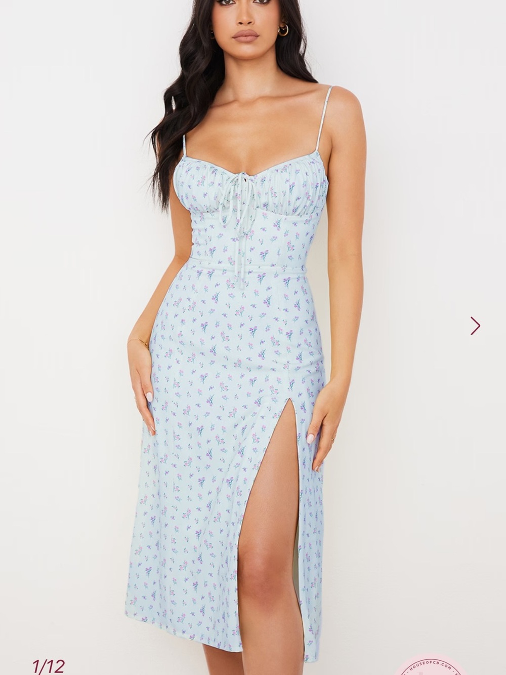 NWT House of CB Light Blue Floral Midi Chemise with Thigh Slit